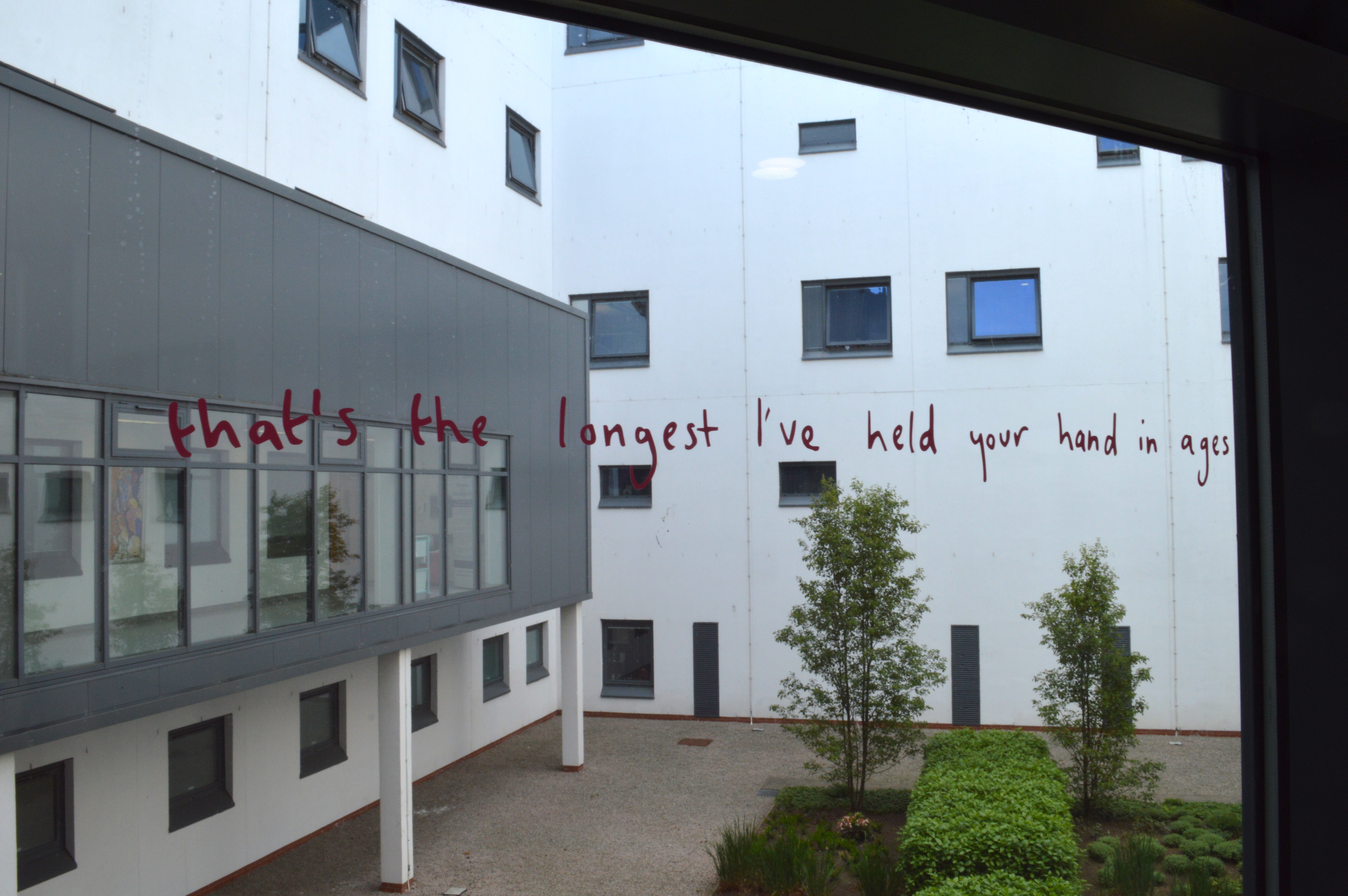 Hospital window with pink handwritten style vinyl text. The text read "that's the longest I've held your hand in ages'